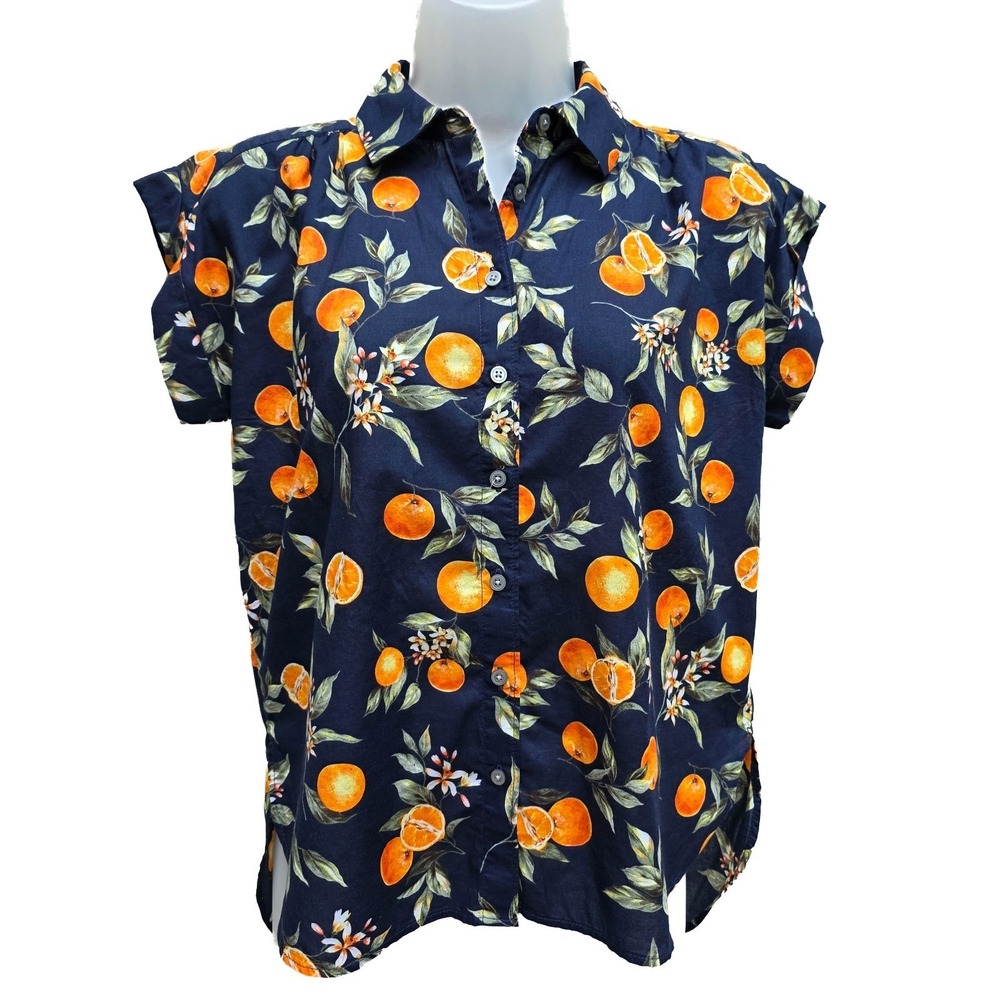 LOFT Petites Orange Print Blouse XSP Navy Citrus Fruit Cotton Button Shirt